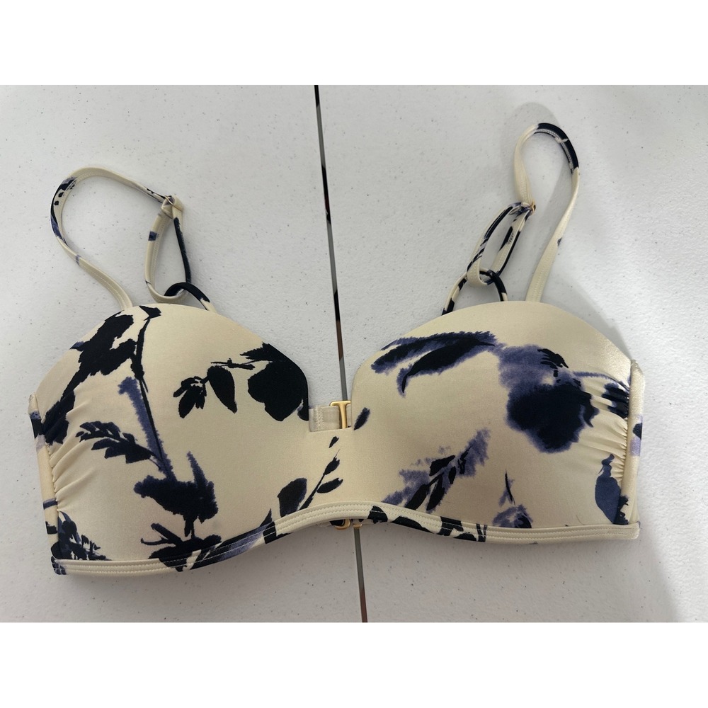 Athleta Womens Floral Bikini Top Cream Navy Blue Molded Cup Double Hook Size S